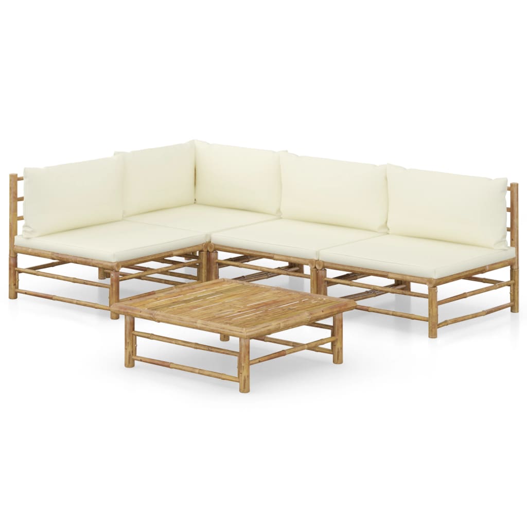 NNEVL 5 Piece Garden Lounge Set with Cream White Cushions Bamboo
