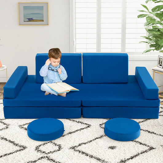 10-Piece Kids Play Couch Sofa with Portable Handle-Blue