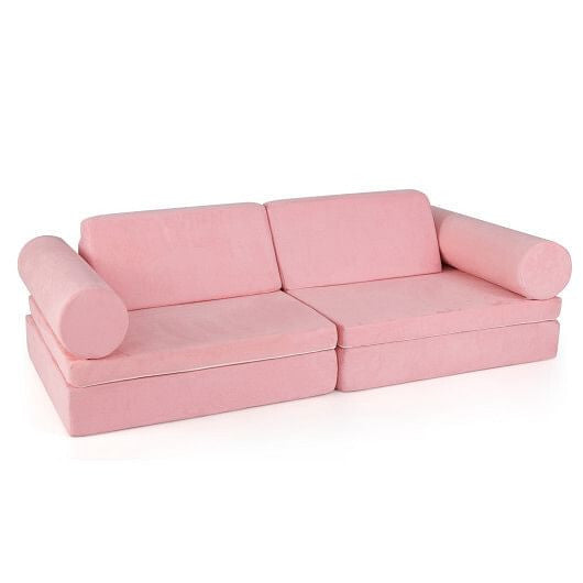 8 Pieces Kids Play Couch Foam Building Fort Play Set with Suede Cover-Pink