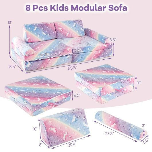 8 Pieces Modular Kids Play Couch Glow in the Dark Toddler Sectional Sofa-Multicolor