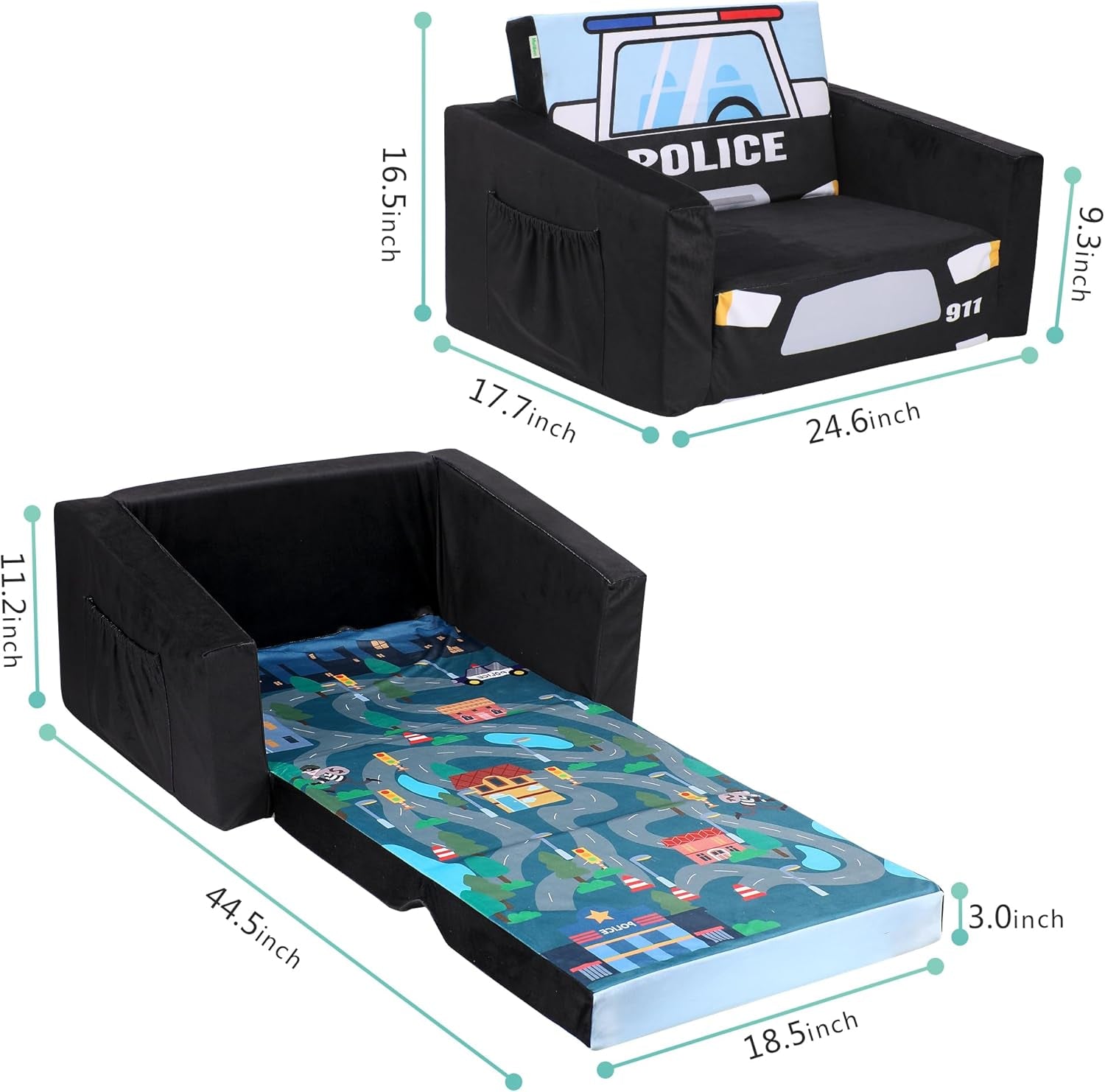 Kids Sofa Bed Black With Storage Pockets For Playroom