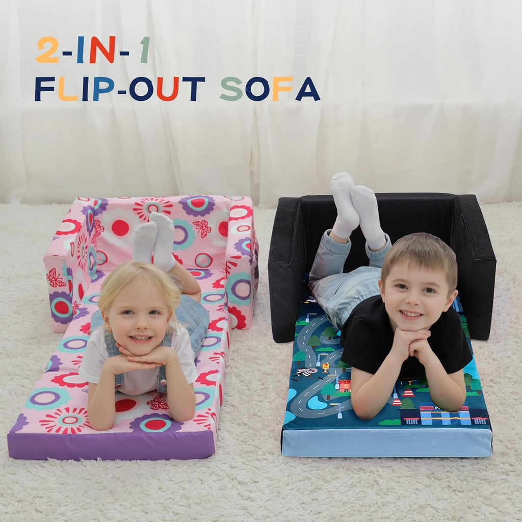 Kids Sofa Bed Black With Storage Pockets For Playroom