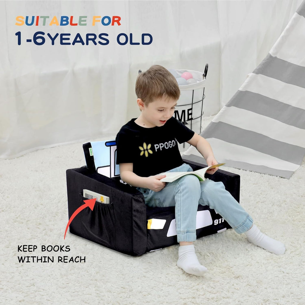 Kids Sofa Bed Black With Storage Pockets For Playroom