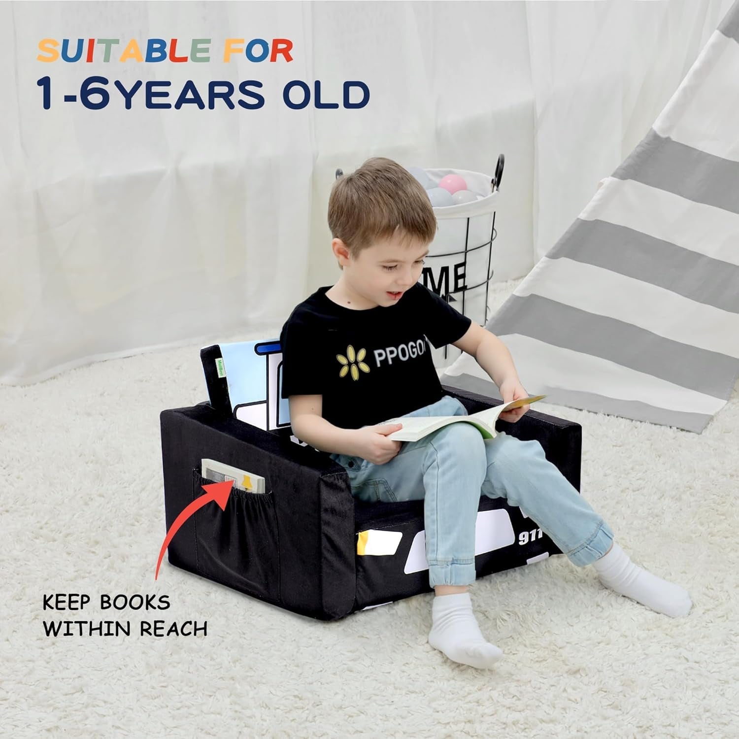 Kids Sofa Bed Black With Storage Pockets For Playroom