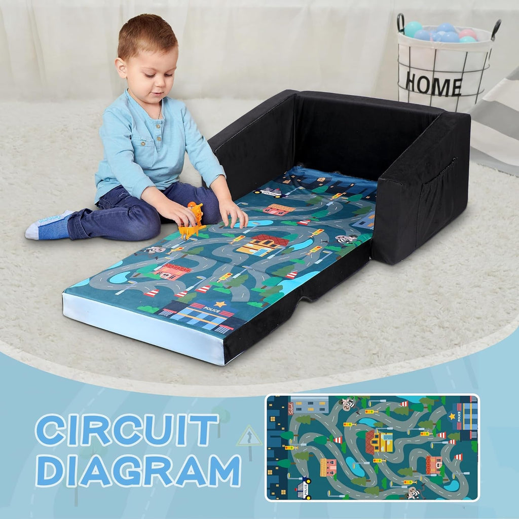 Kids Sofa Bed Black With Storage Pockets For Playroom