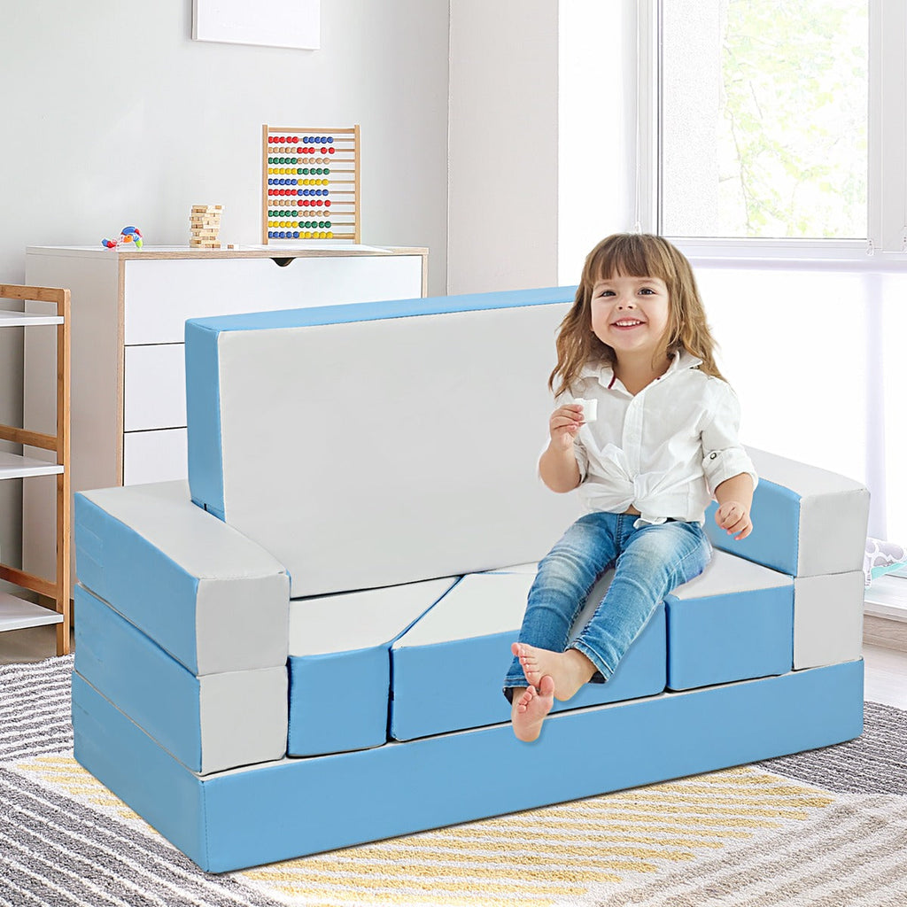 NNECW 4-In-1 Multi-functional Combination Sofa Set with Durable PU Surface for Kids-Blue
