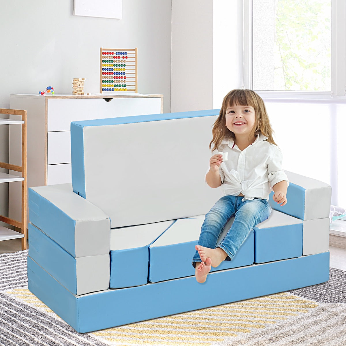 NNECW 4-In-1 Multi-functional Combination Sofa Set with Durable PU Surface for Kids-Blue