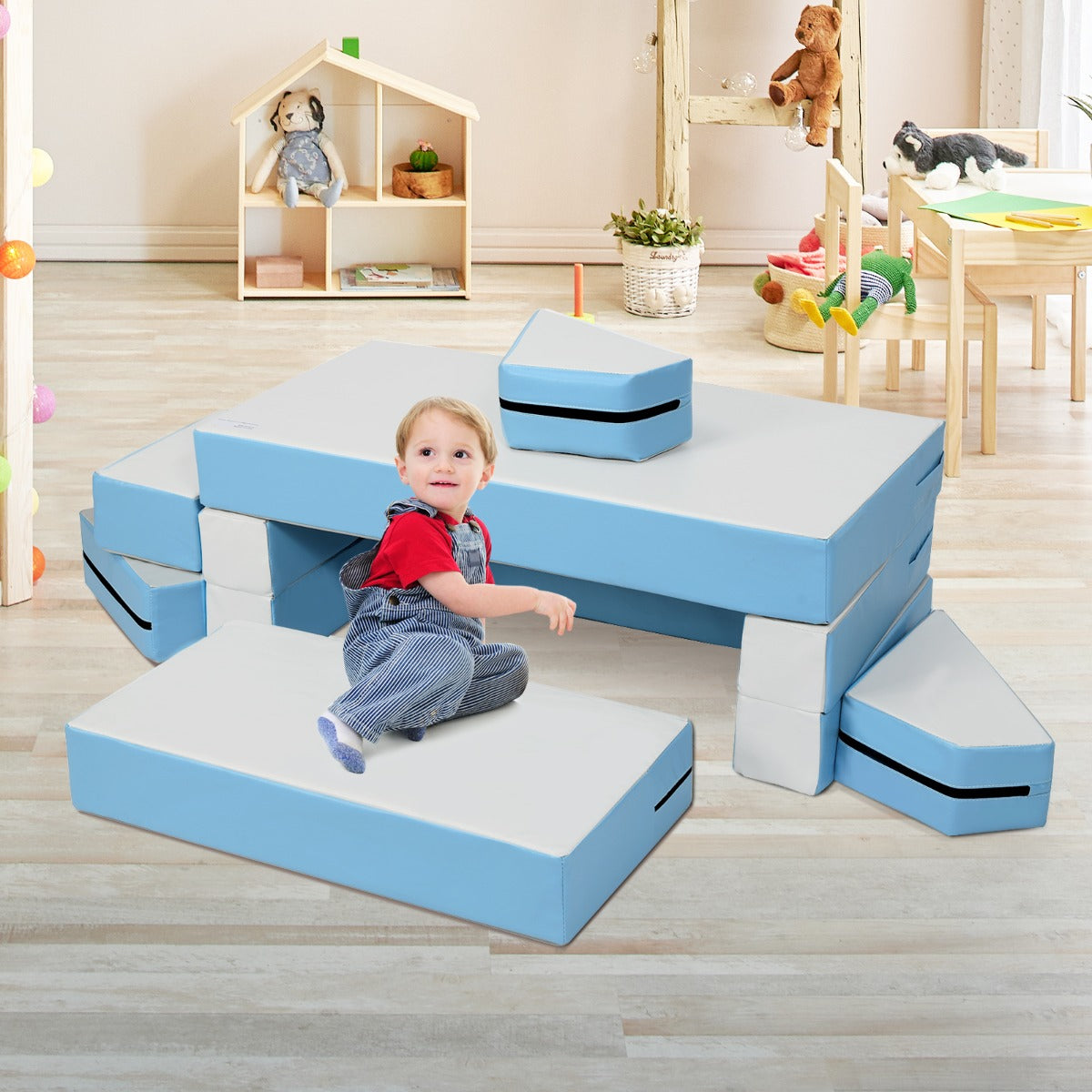 NNECW 4-In-1 Multi-functional Combination Sofa Set with Durable PU Surface for Kids-Blue