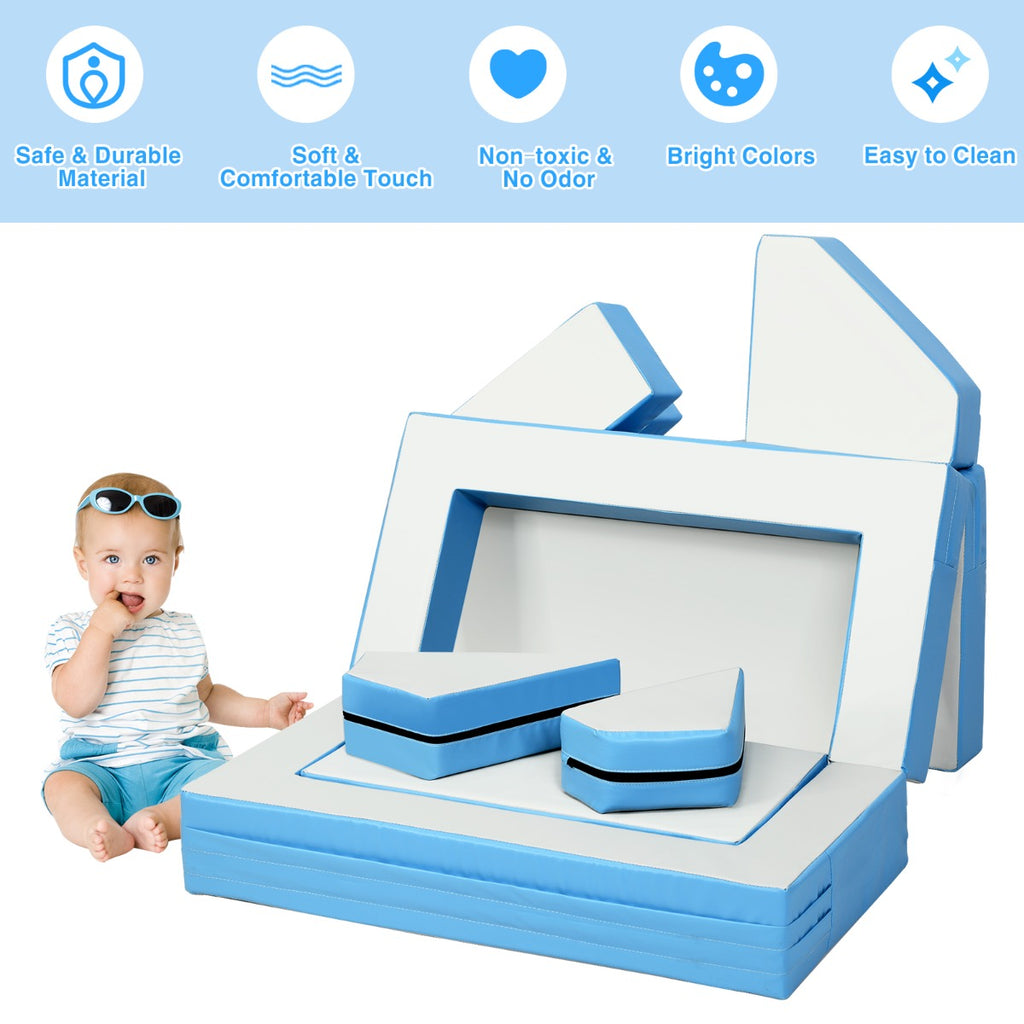 NNECW 4-In-1 Multi-functional Combination Sofa Set with Durable PU Surface for Kids-Blue